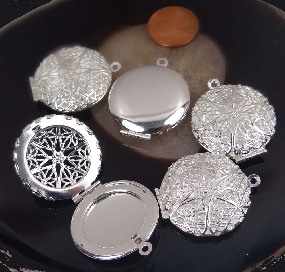 4 Silver Plated Filigree Hollow Locket Flat Round Pendants 27x32mm