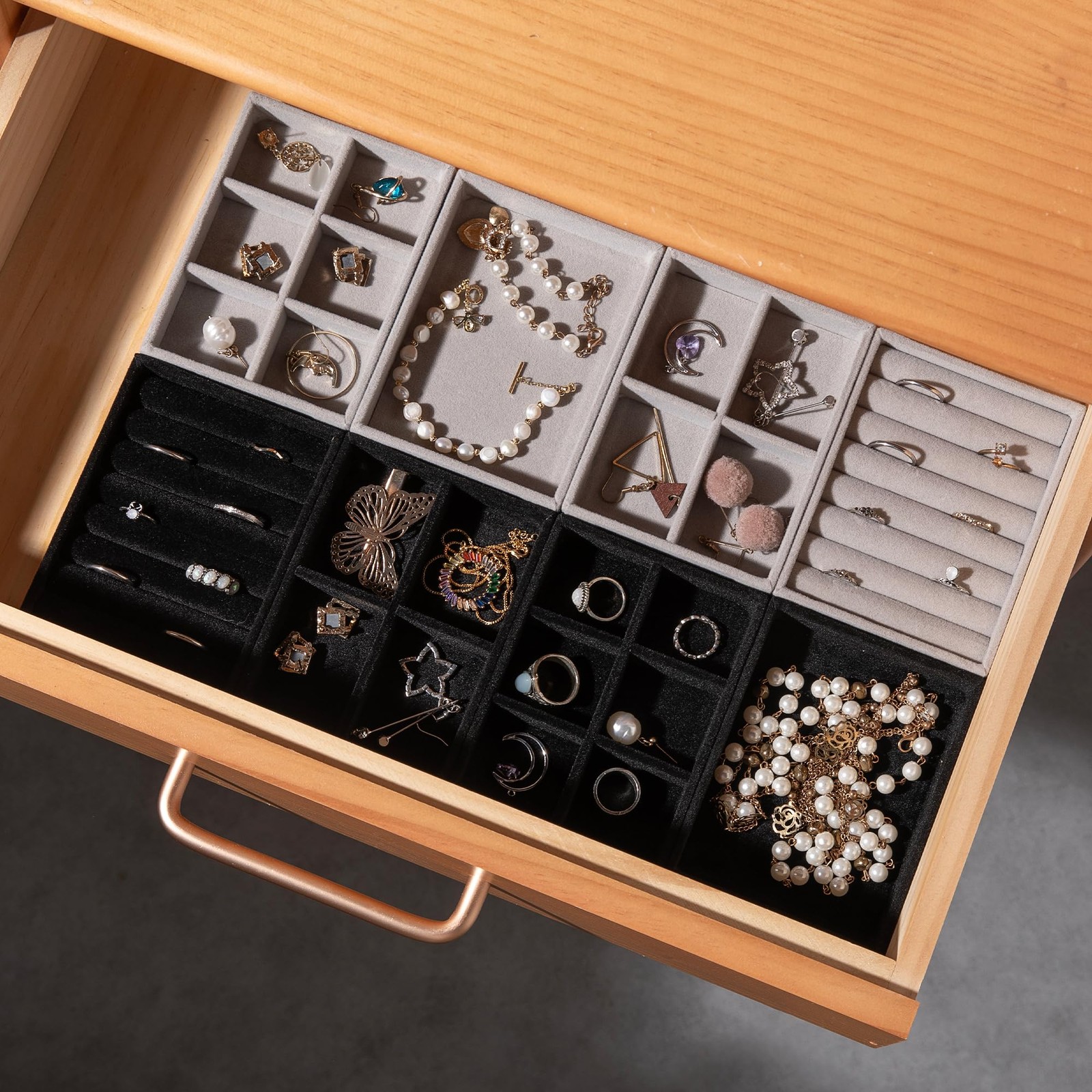 Frebeauty Small Jewelry Organizer for Drawer,Set of 9 Mixed Set 9, Black