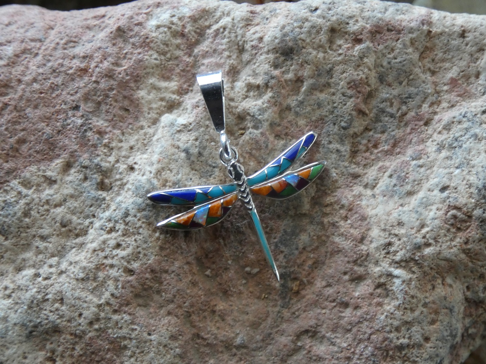 Dragonfly Southwestern Sterling Silver Small Pendant Multi Gemstone & Opal S18