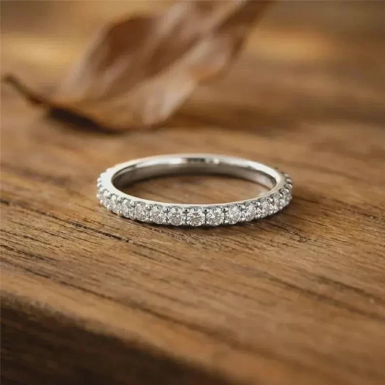 Round Cut Moissanite Ring Solid 925 Sterling Silver Half Eternity Wedding Band