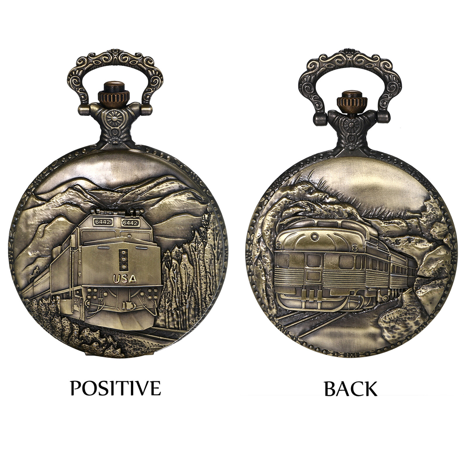 Vintage Bronze Canada Steam Trains Quartz Pocket Watch Necklace Sweater Chain