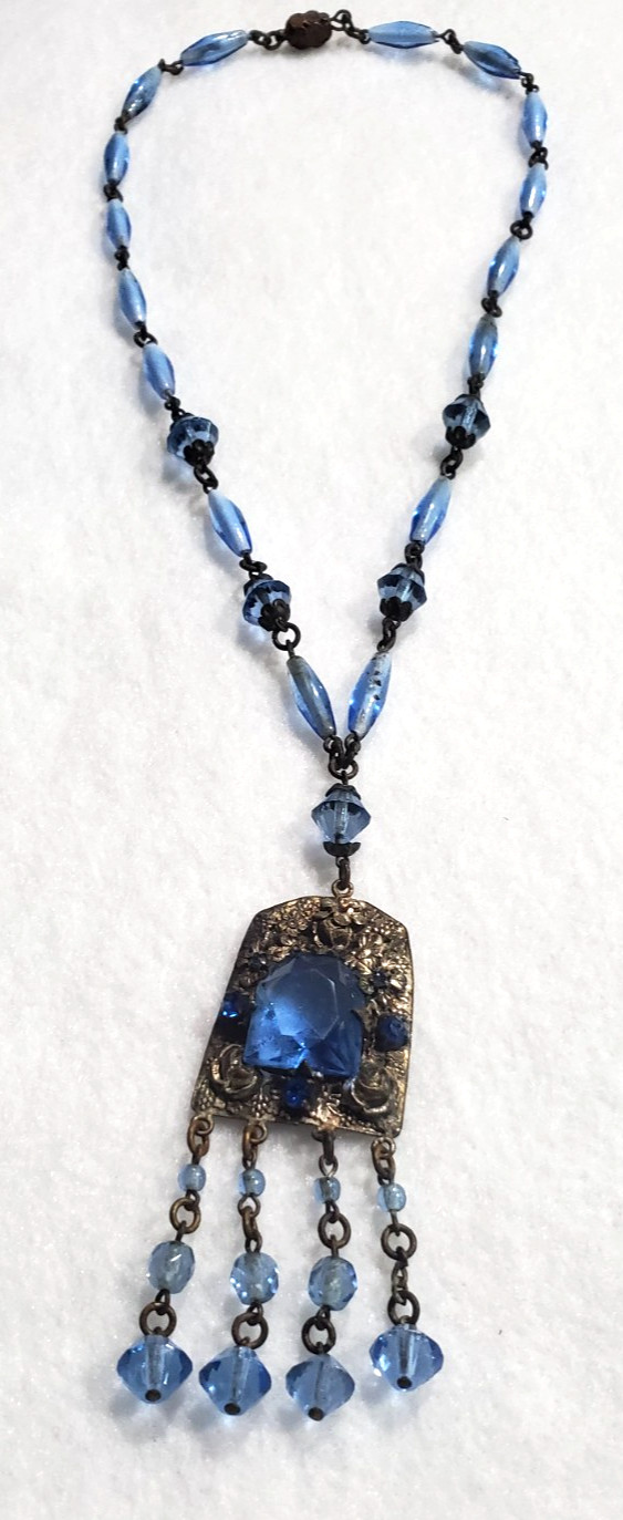 Vintage/Antique Czech Art Deco Vibrant Blue Glass Handcrafted Necklace