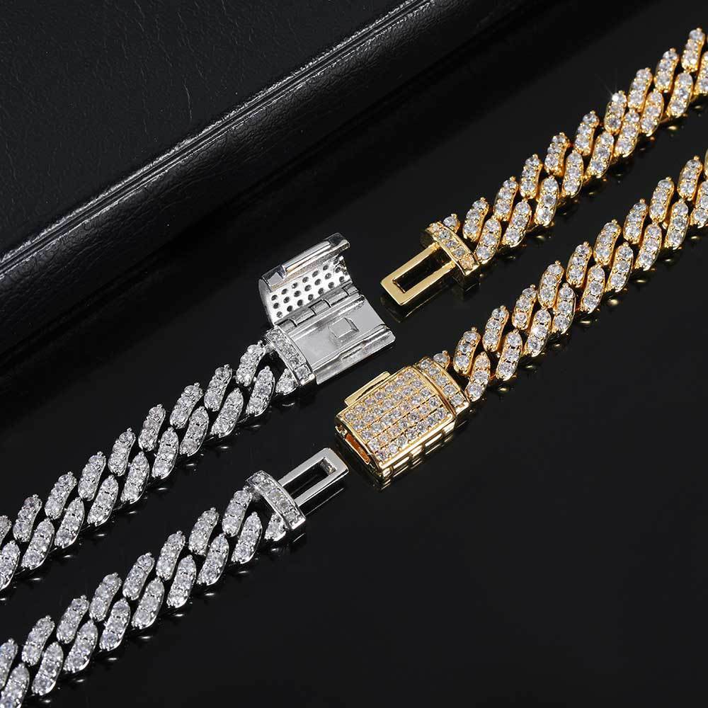 8MM Miami Cuban Link Chain Iced CZ Out Necklace Gold Plated Stainless Steel