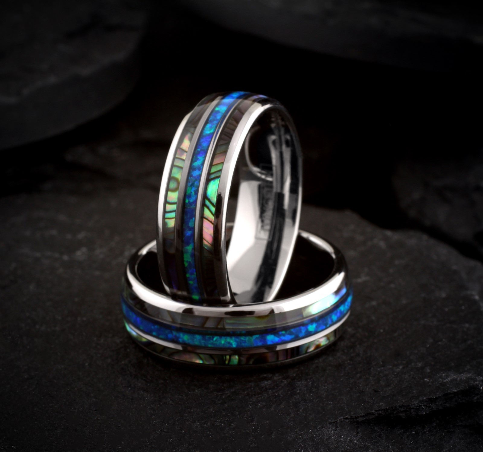 8mm Tungsten Carbide Men’s Abalone and Hawaiian Blue Opal Wedding Band Ring