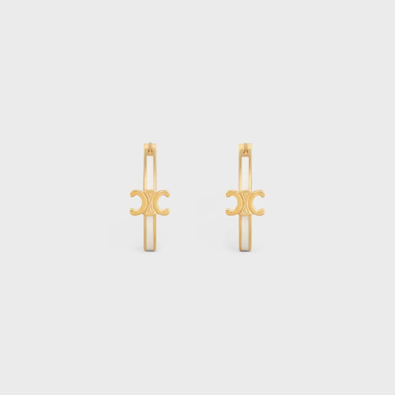 Celine Triomphe Hoop Earrings Gold Tone White Enamel Small Huggie Earrings Women