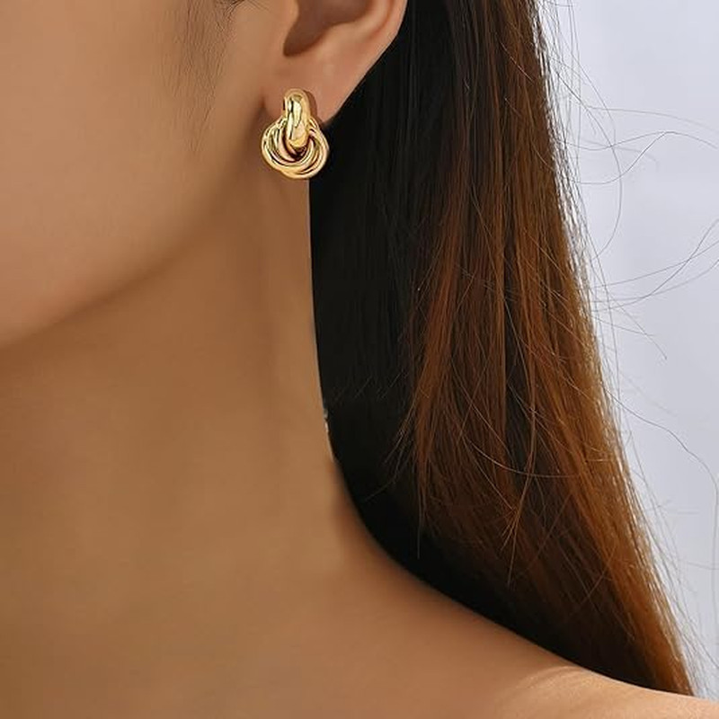 2 Pairs Gold Knot Earrings Chunky Statement Earrings Geometric Drop Dangle Earri