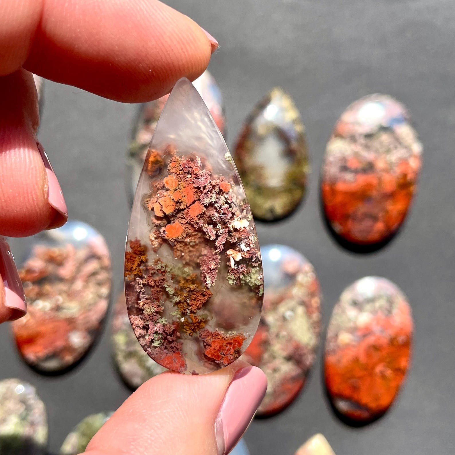 Red & Green Moss agate flat back cabochon -Garden Landscape -Natural Gemstones