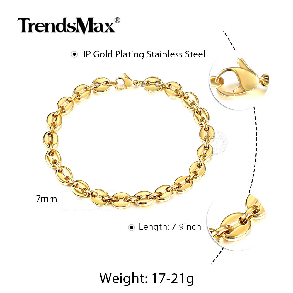 7/9/11mm For Unisex Chain Gold Plated Stainless Steel Marina Link Bracelet 7-9″