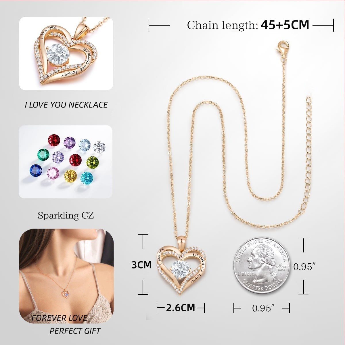 925 Sterling Silver CZ Birthstone Heart Pendant Necklace Forever Love Gift