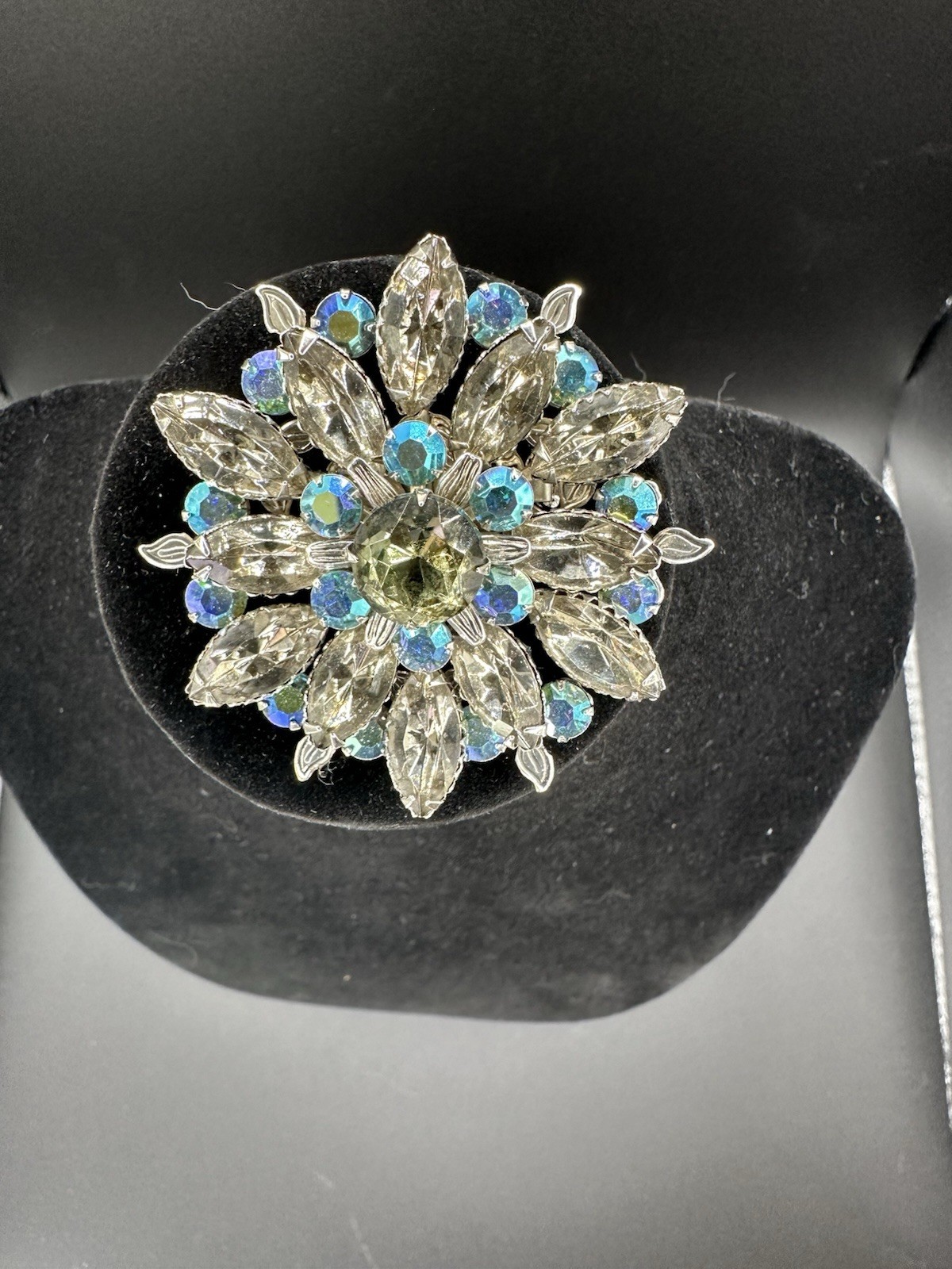 Vintage Unsigned Smoky Gray Navette Rhinestones and Blue Aurora Borealis Brooch