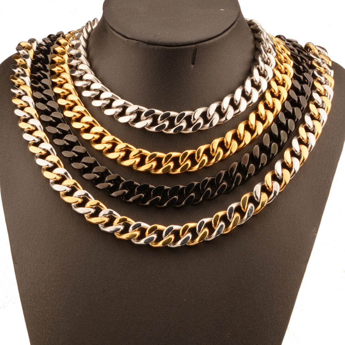 9-15mm Heavy Silver Gold Black Mens Curb Chain Stainless Steel Necklace Bracelet
