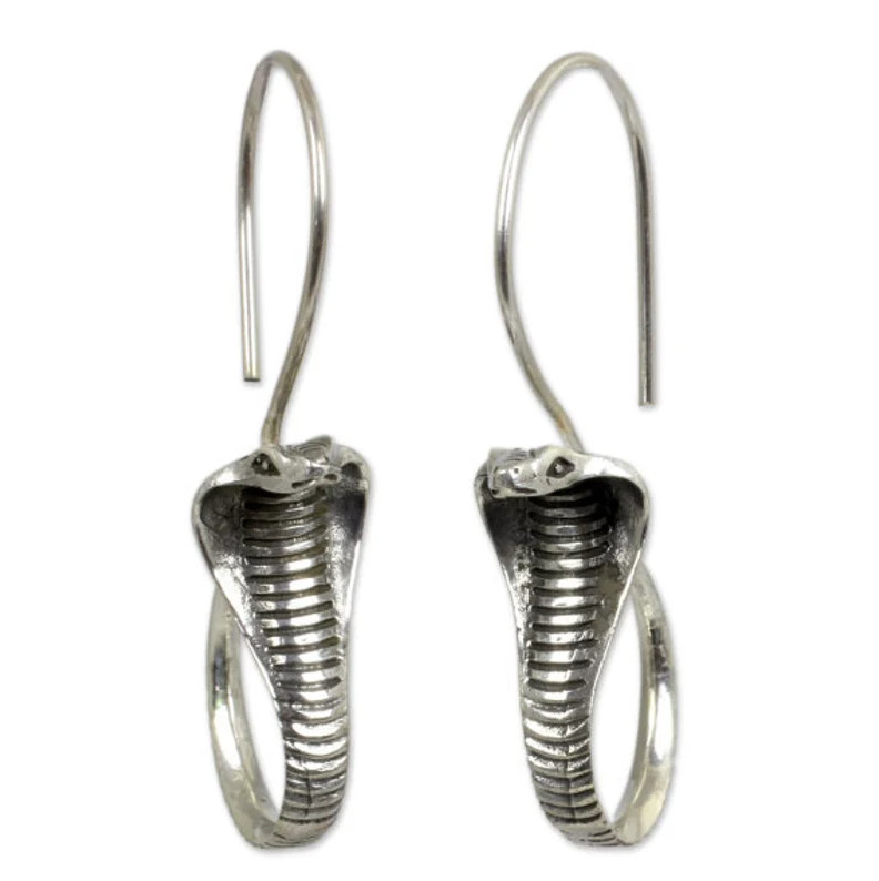 Elegant Silver King Cobra Snake Earrings, Fashion Jewelry Charm Hook Earrings