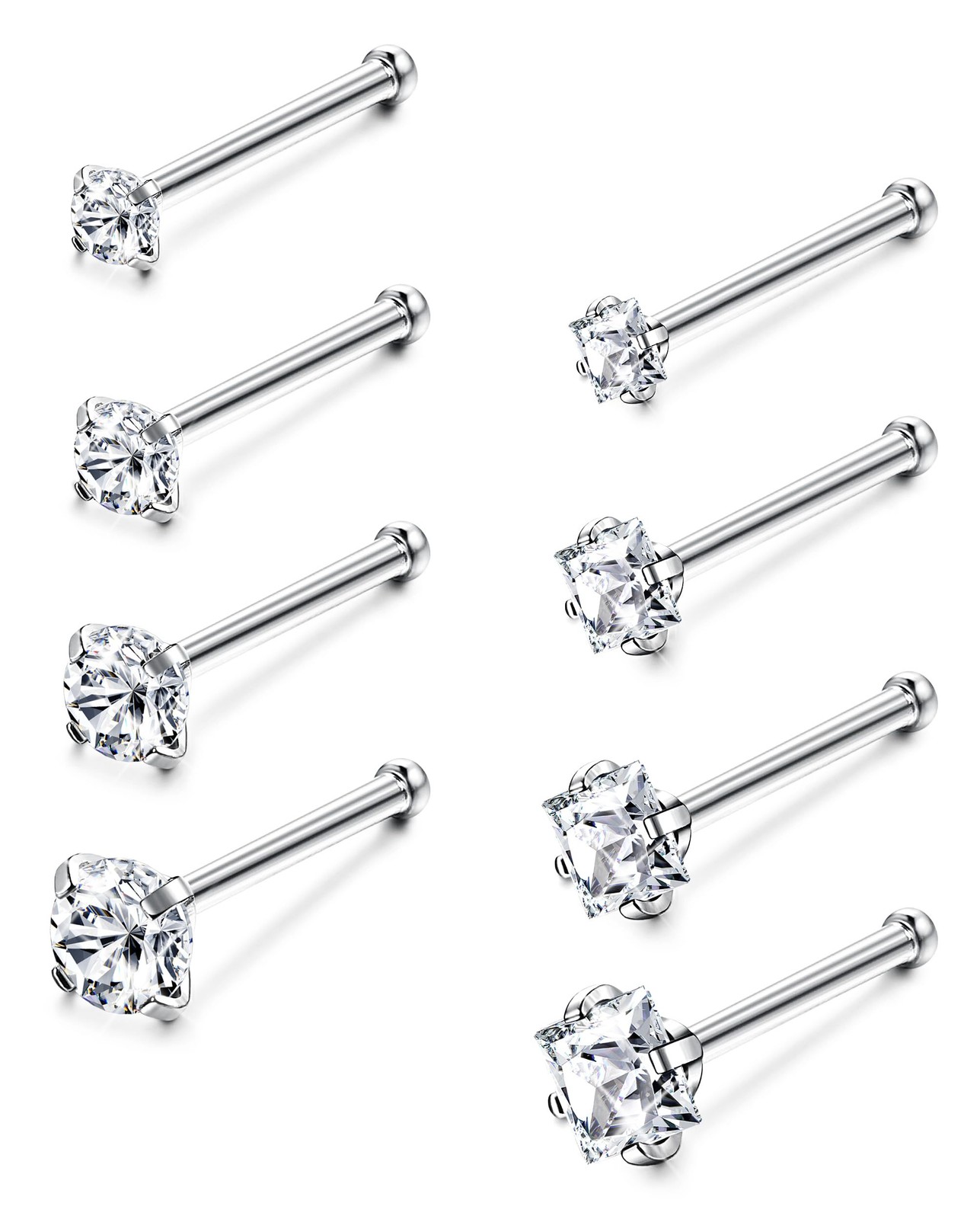 Jstyle 20G 8 Pcs a Set Stainless Steel Nose (0.8mm), Silver Plated-20G