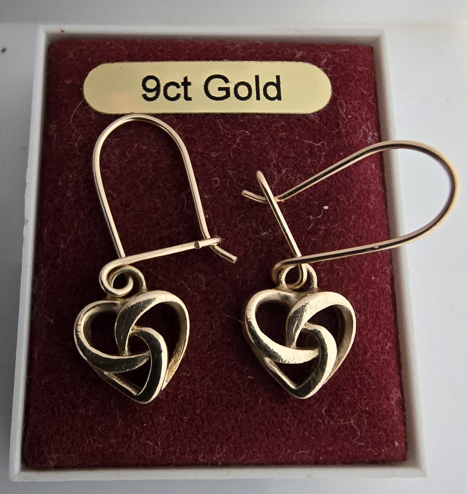 9 carat yellow gold 375, pair of small love heart earrings, long hook wires