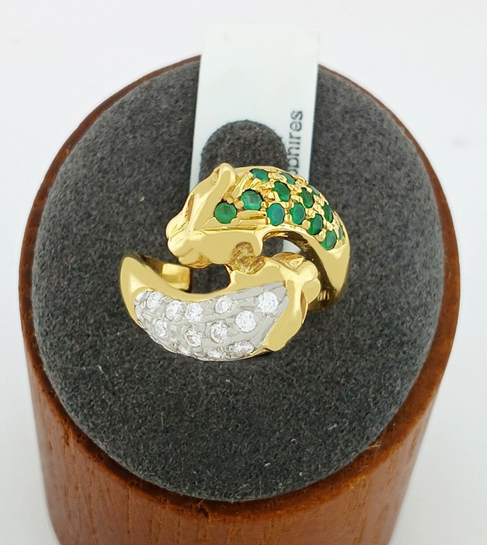 GENUINE 1.12 Cts EMERALDS & WHITE SAPPHIRE PANTER RING 18k GOLD – MADE IN USA