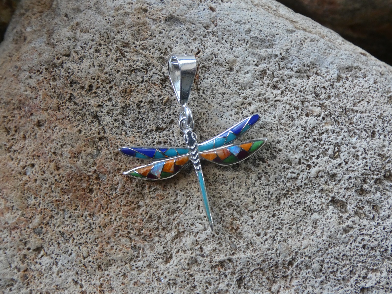 Dragonfly Southwestern Sterling Silver Small Pendant Multi Gemstone & Opal S18