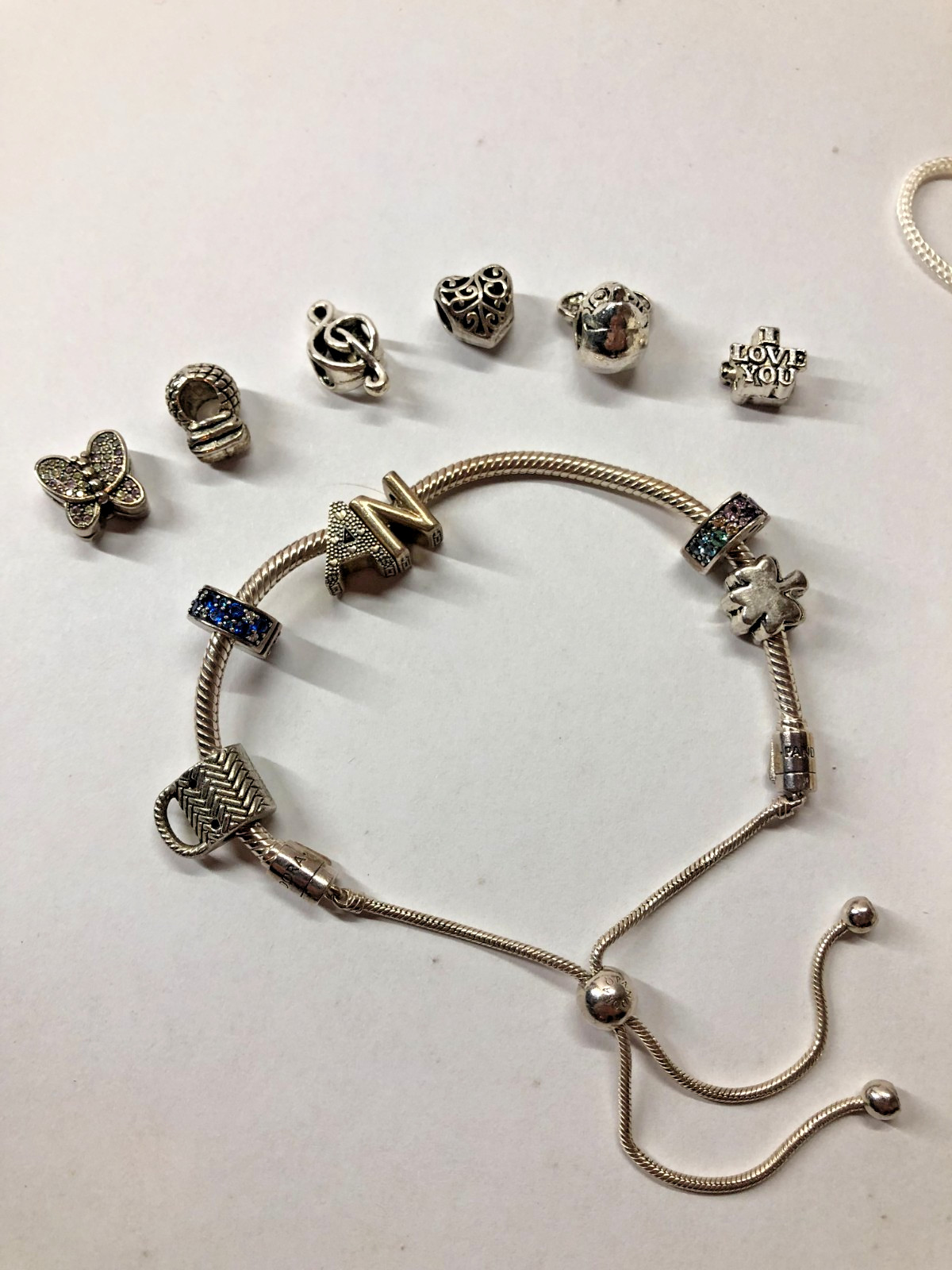 Pandora Snake Chain Slider Bracelet With Various Charms Initials N & A Carry Bag