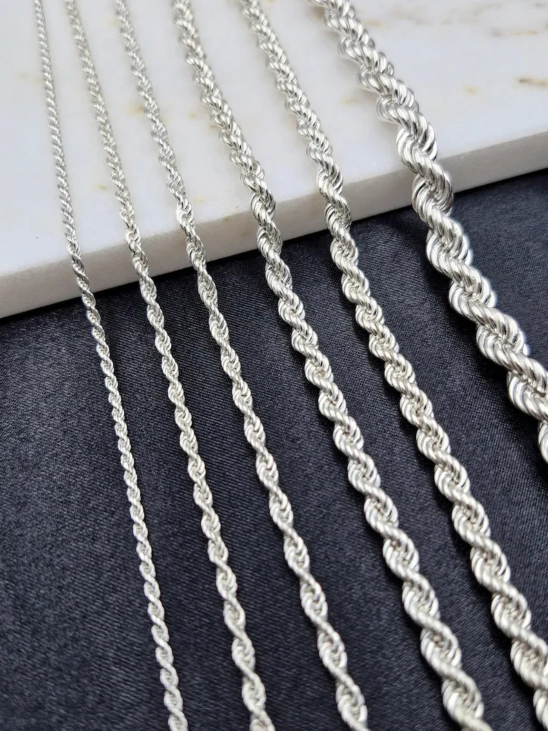 925 Sterling Silver Rope Chain Necklace Bracelet 3-10mm Diamond Cut Rhodium