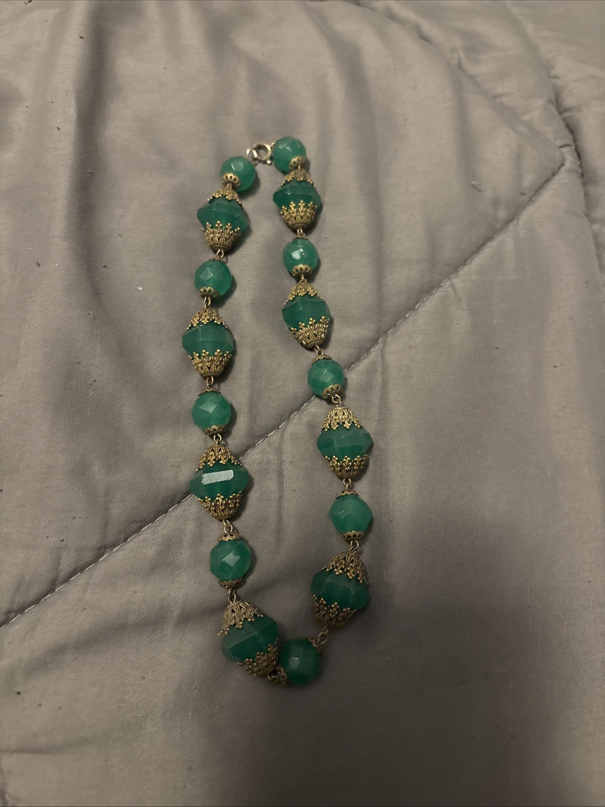 Emerald green antique glass choker filigree metal spacers