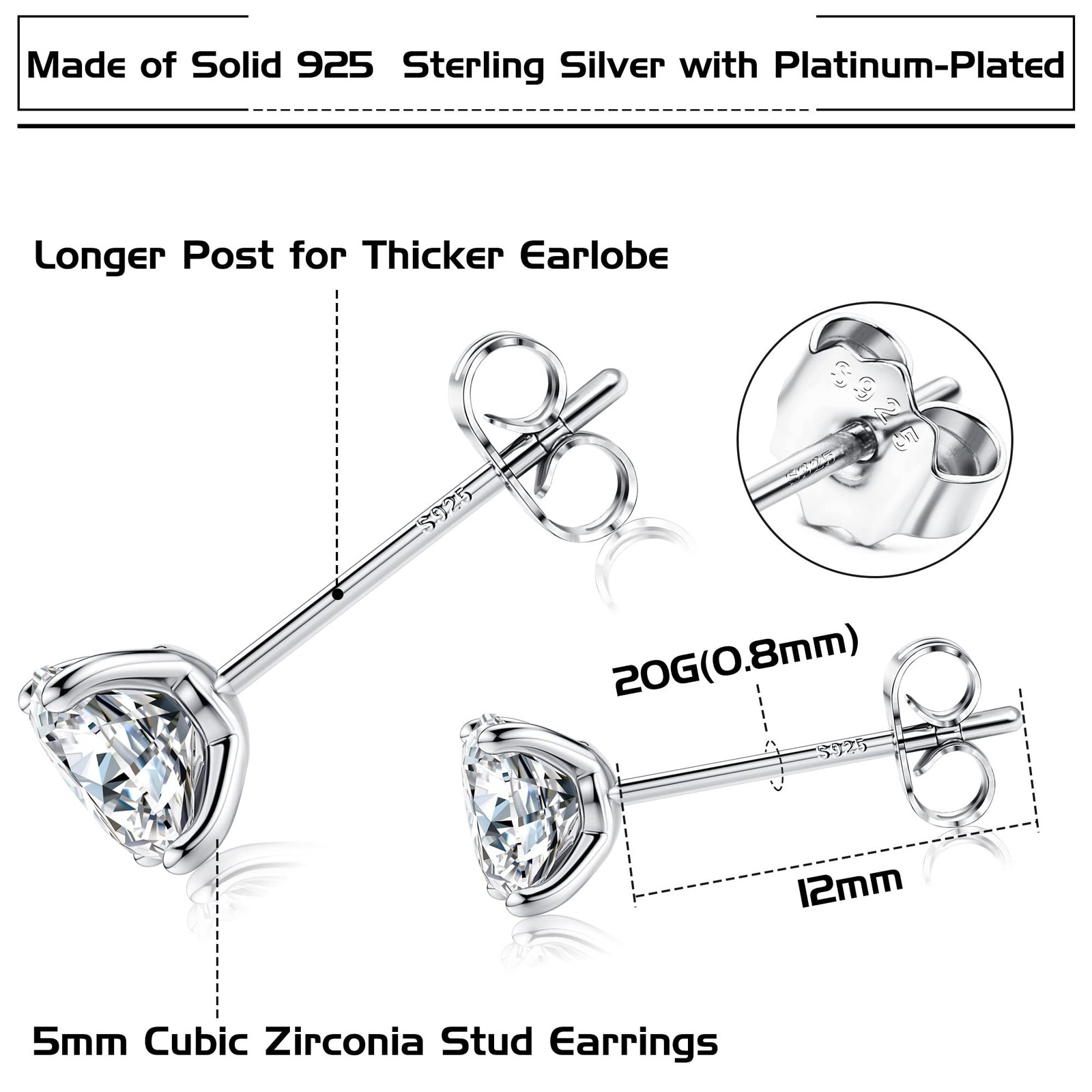 PATISORNA 925 Sterling Silver 5mm Long Post Cubic Zirconia Stud Earrings for …