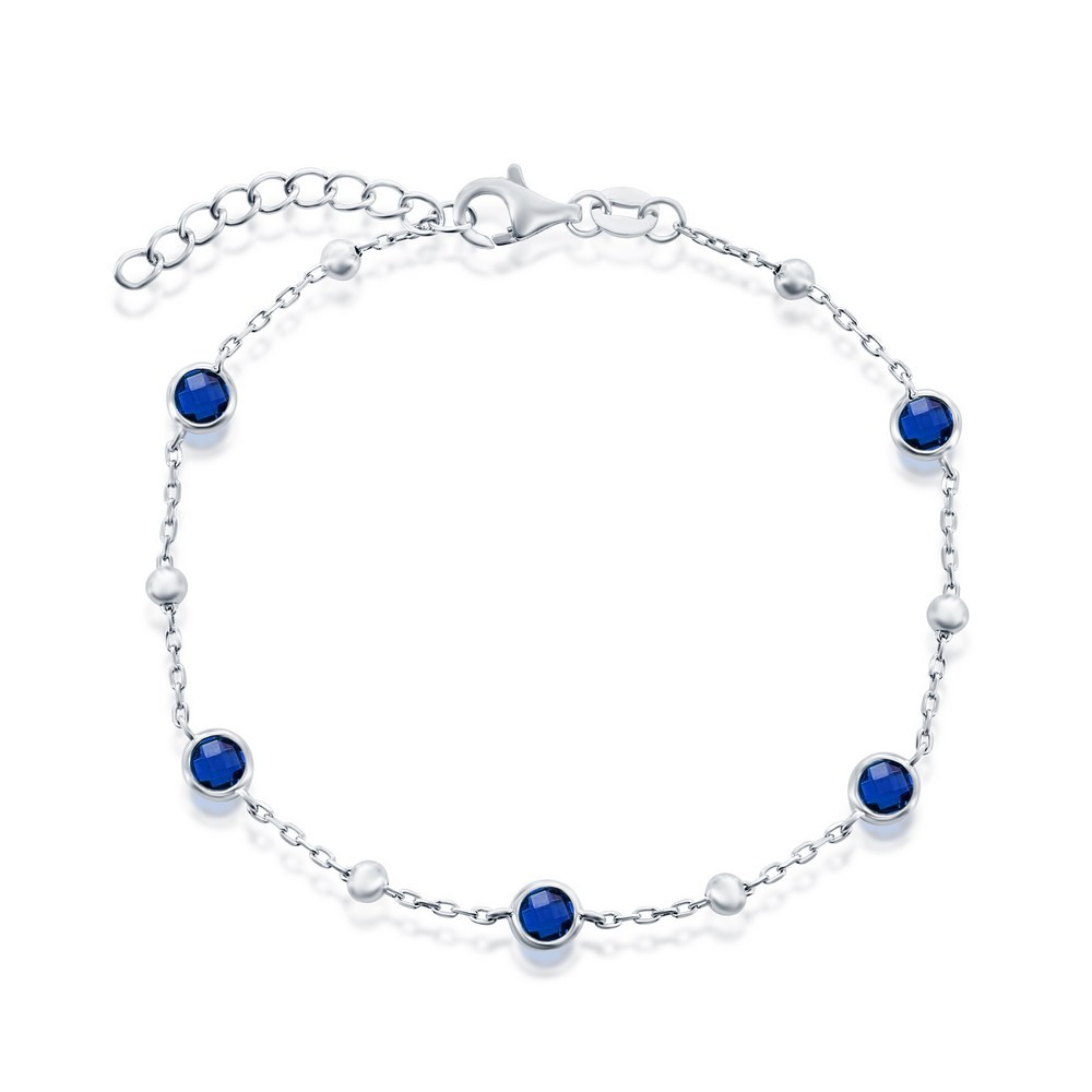 Sterling Silver Sparkling Bezel-Set CZ & Bead Bracelet – Sapphire Rhodium Plated