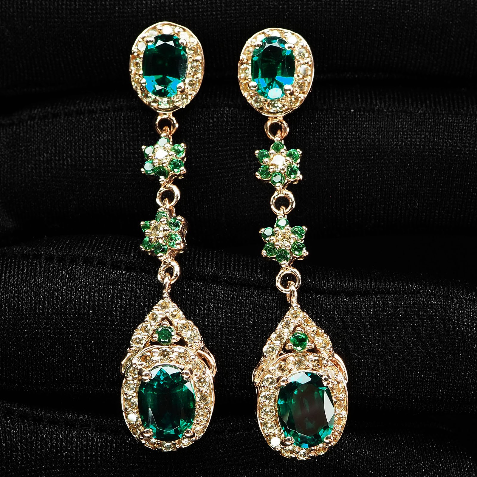 925 Sterling Silver Rose Gold Earrings Exquisite Vivid Green Emerald Rare 4.05Ct