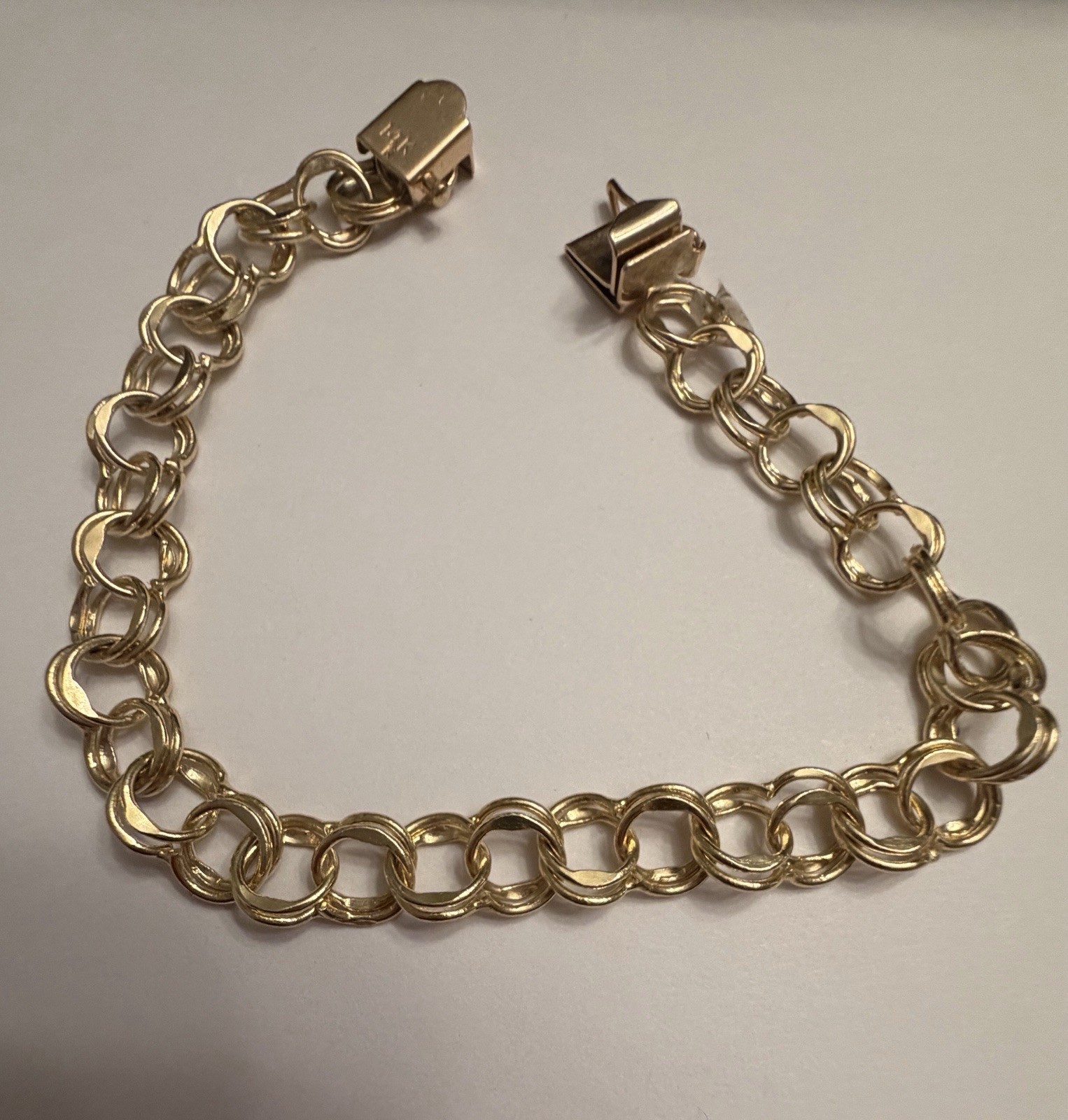 14k Yellow Gold Double Curb Link Chunky Charm Bracelet Polished Retro Never Worn