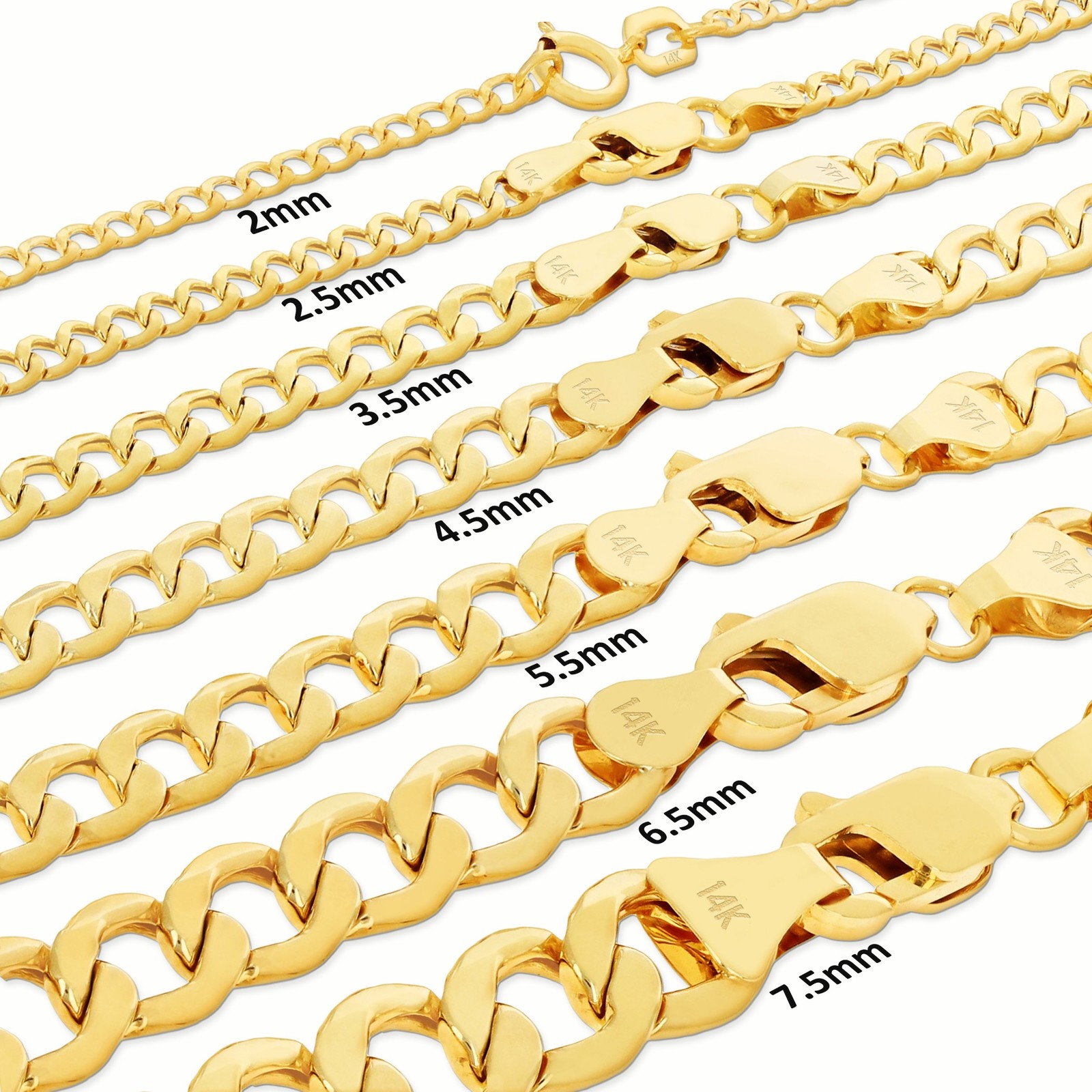 14K Yellow Gold 2mm-7.5mm Cuban Link Curb Chain Necklace Mens Womens, 16″- 30″
