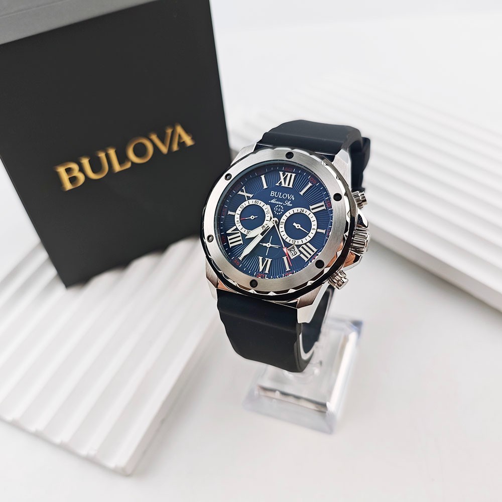 Bulova Marine Star 98B258 Blue Dial Black Rubber Strap Quartz Men’s 44mm Watch