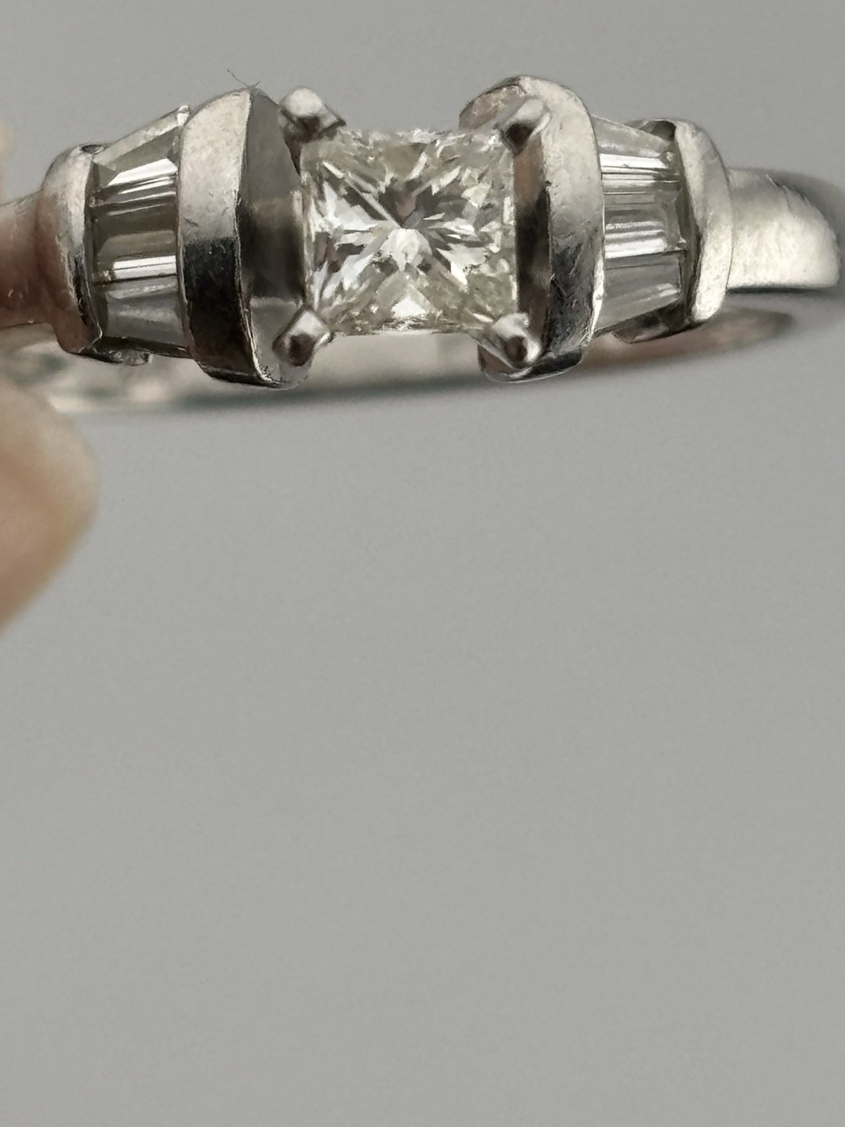 Estate 950 Platinum Princess Cut Diamond Engagement Ring w Tapered Baguette sz 7