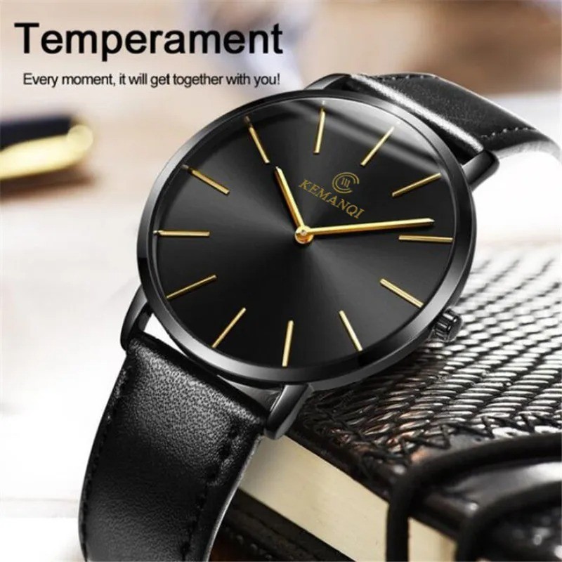 Men Trendy Ultra Thin Minimalist Watch Slim Leather Strap Stainless Steel Quartz