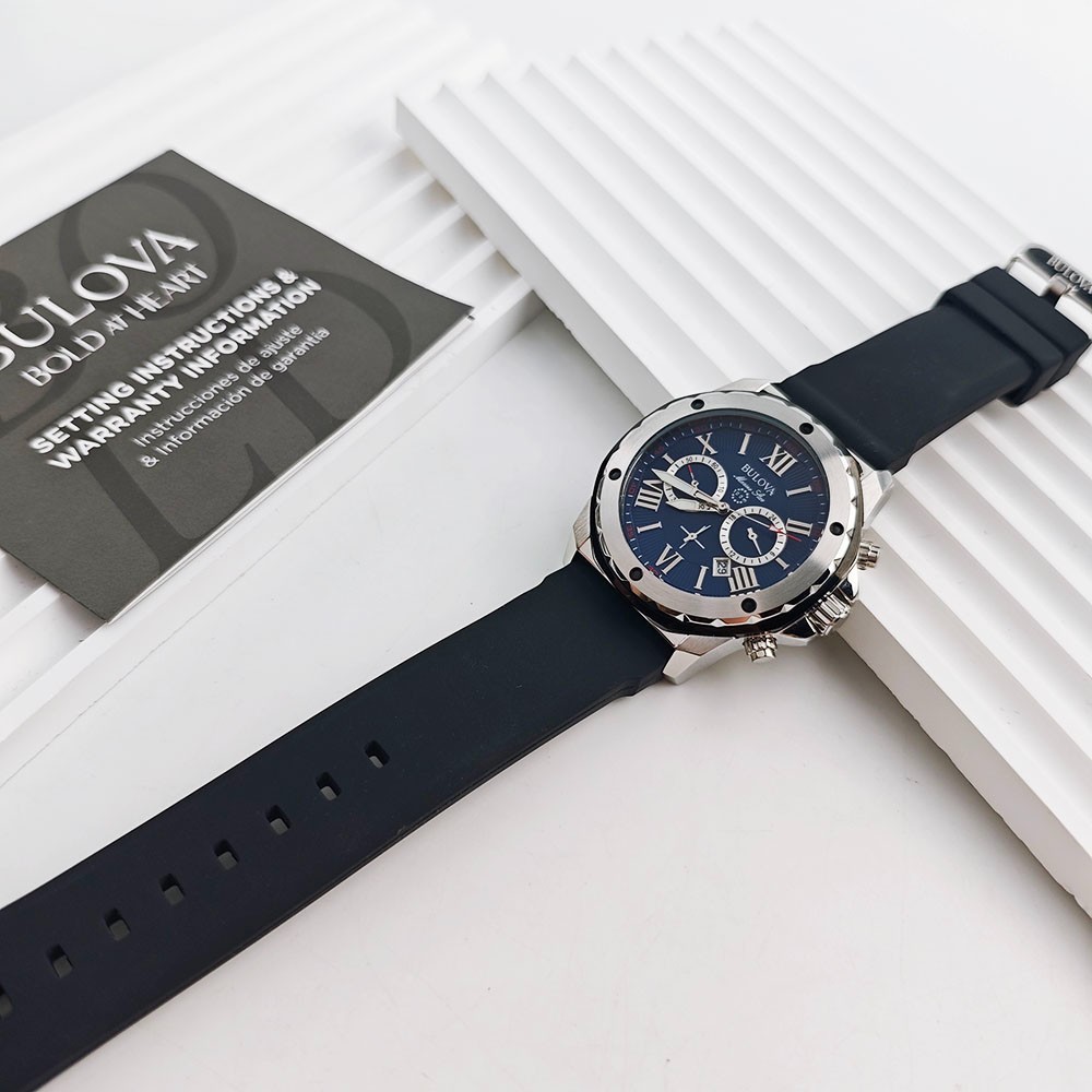 Bulova Marine Star 98B258 Blue Dial Black Rubber Strap Quartz Men’s 44mm Watch