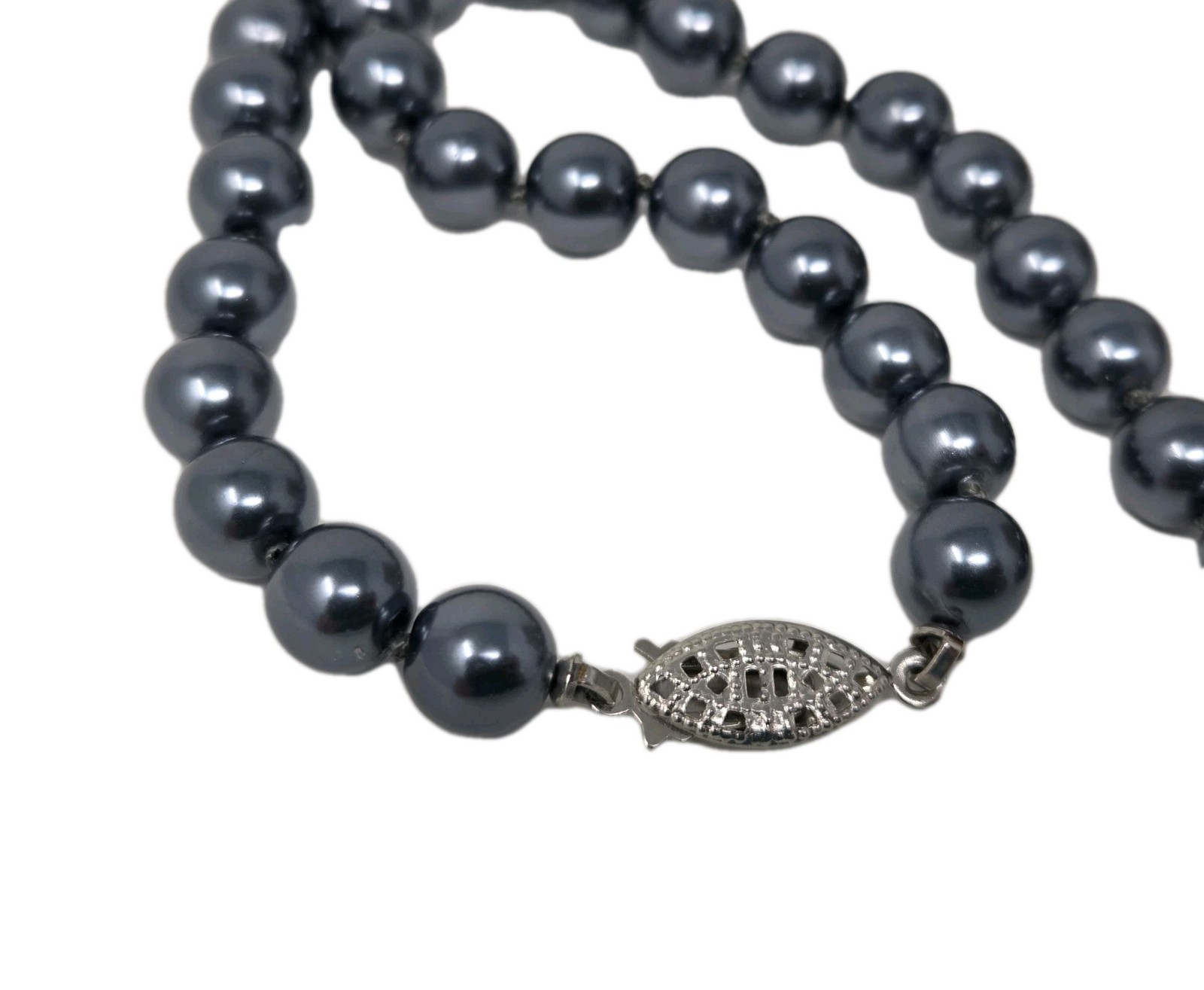 Gray Faux Pearl Necklace 17 Inches Knotted 8mm Beads Vintage Sheen Unsigned