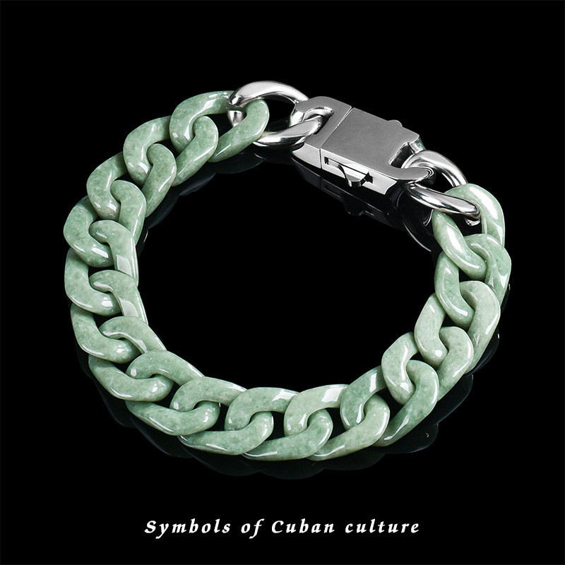 Real Grade A Natural Green Jade Jadeite Bracelet Cuban Curb Link Chain 5.9-9.4in