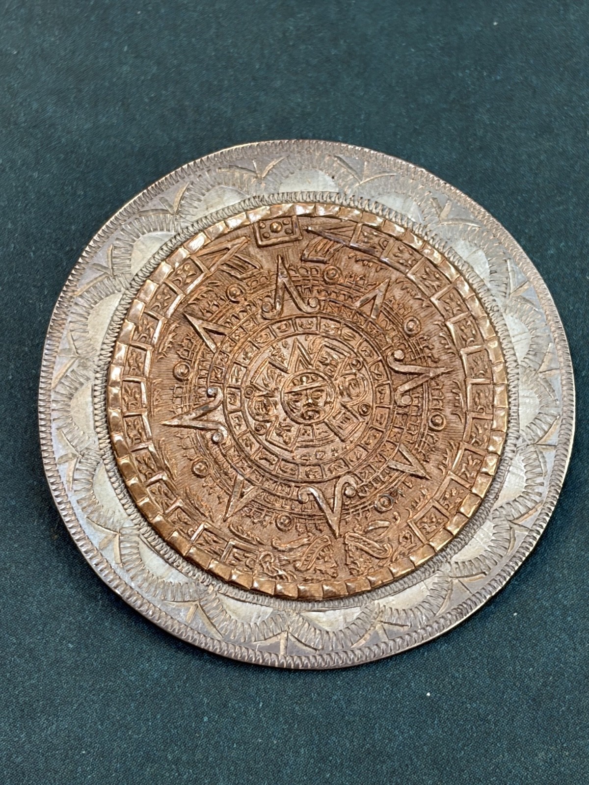 Vintage Aztec Calendar Medallion Brooch Pendant Sterling Silver Copper Mexico