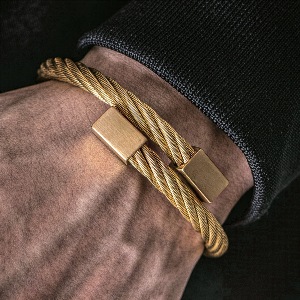 Fashion 316L Stainless Steel Bangle Waven Men Bracelets Adjustable Cuff Jewelry