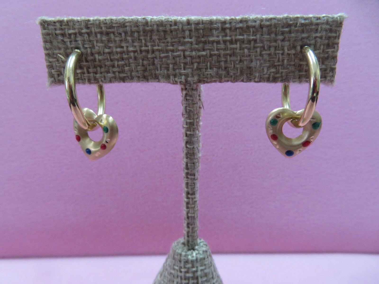 14k Pure Y. Gold None Pieced Hoop Earrings w. Heart Charm 2.52 G (#378)