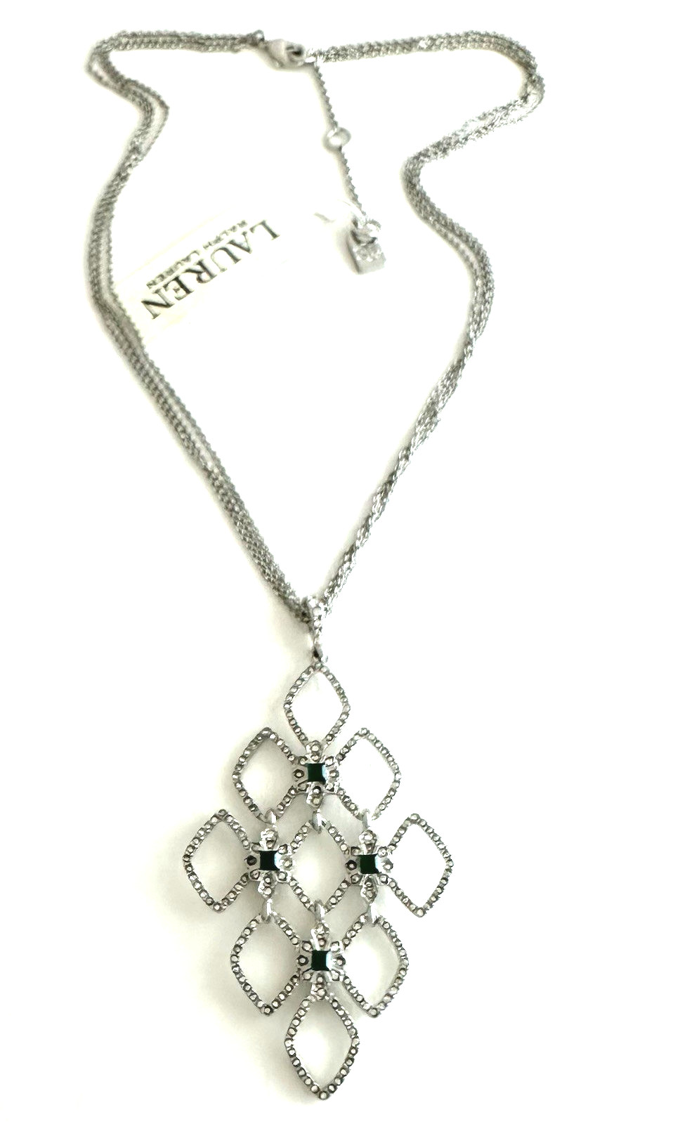 LAUREN Ralph Lauren Silver-Tone Pave Green Crystal Pendant Necklace 17″ + 2″ext