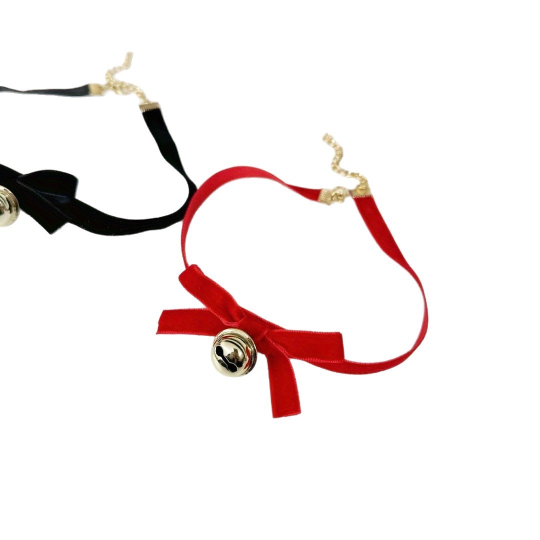 Christmas Red Velvet Bow Choker Necklace with Bell