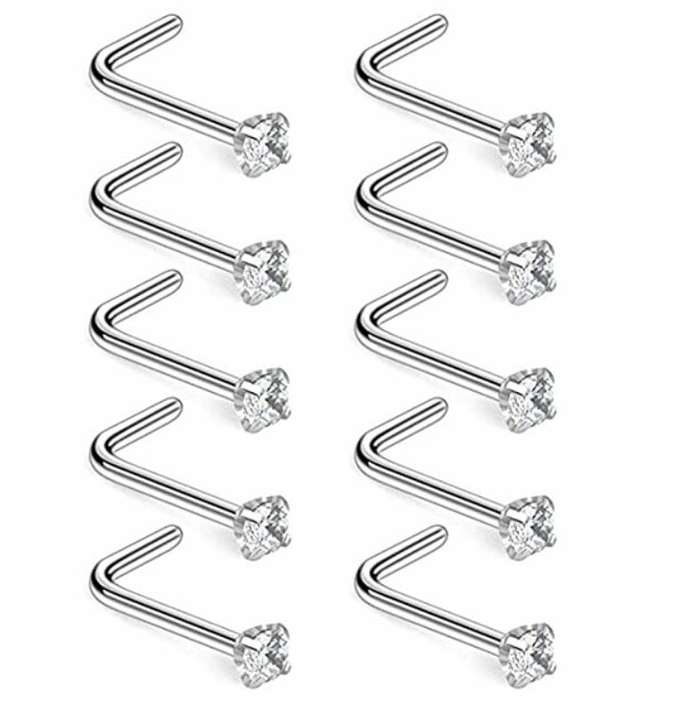 10PCS 20G Surgical Steel L Shaped Mix Color CZ Nose Stud Rings Piercing Jewelry