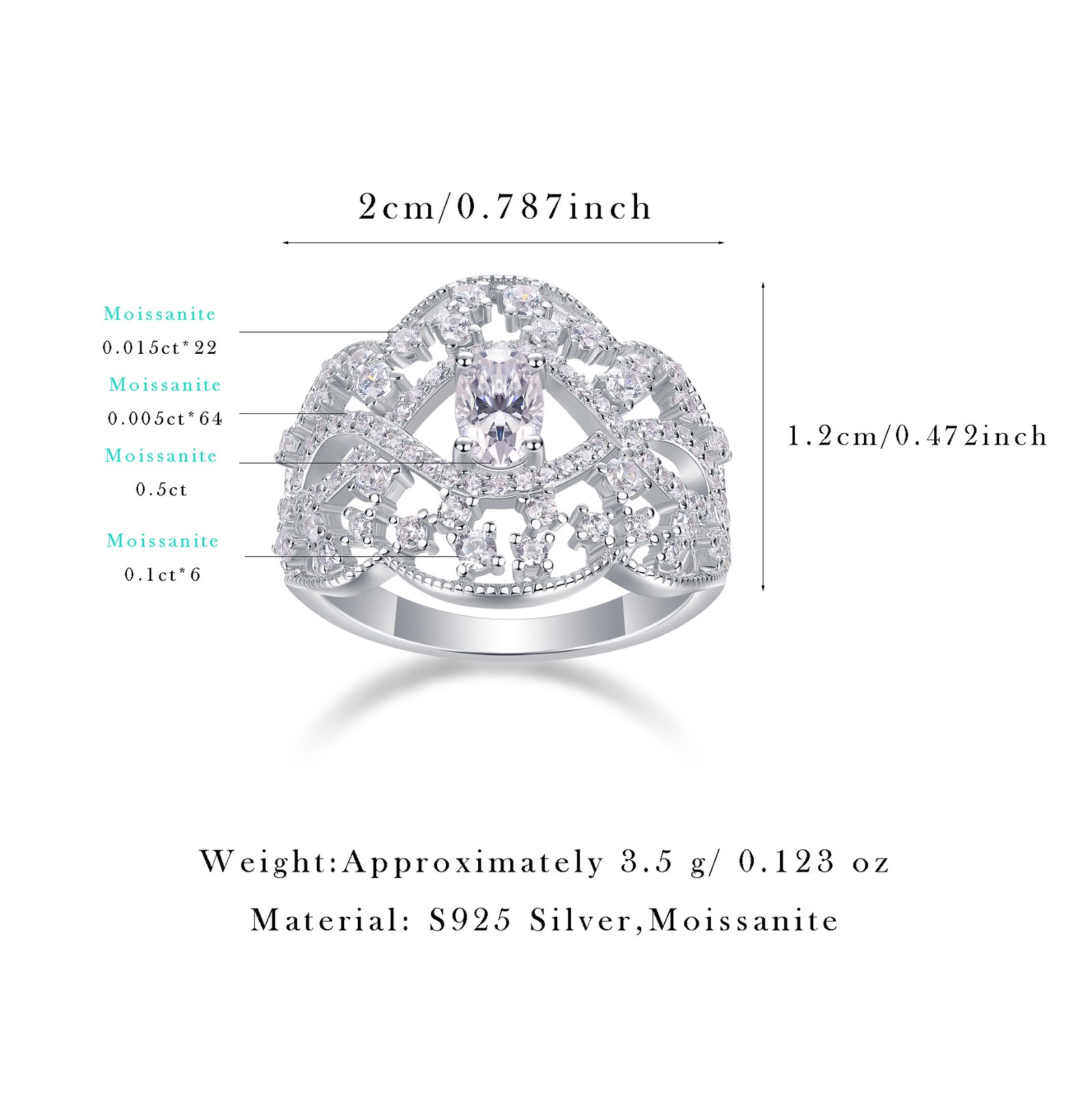 0.5CT Oval Moissanite Vintage Filigree Ring S925 Silver Statement Cocktail Ring