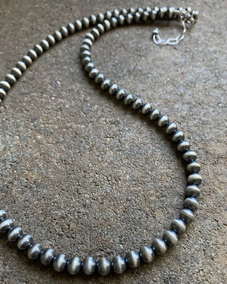 6mm 14 Inch 925 Sterling Silver Oxidized Pearls Bead Necklace Southwestern