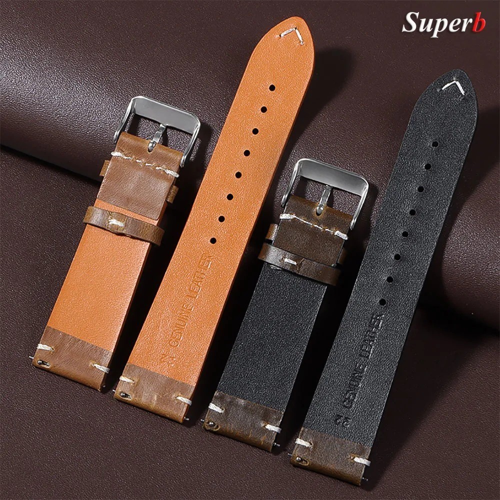 Vintage Oil Waxed Cowhide Watch Strap Quick Release genuine Leather band 18-24mm