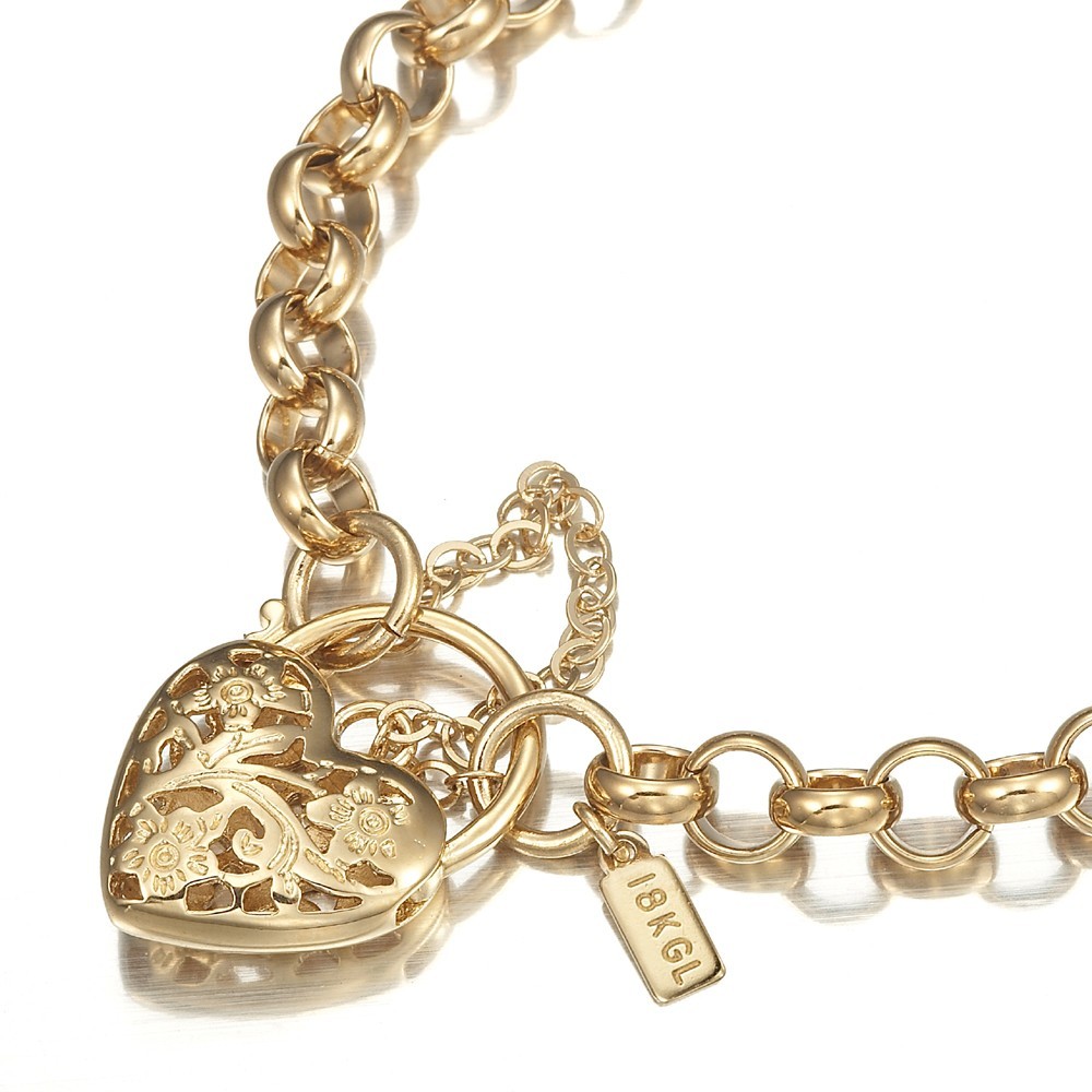 18K GL Solid Belcher Yellow Gold Bracelet & Filigree Heart Padlock