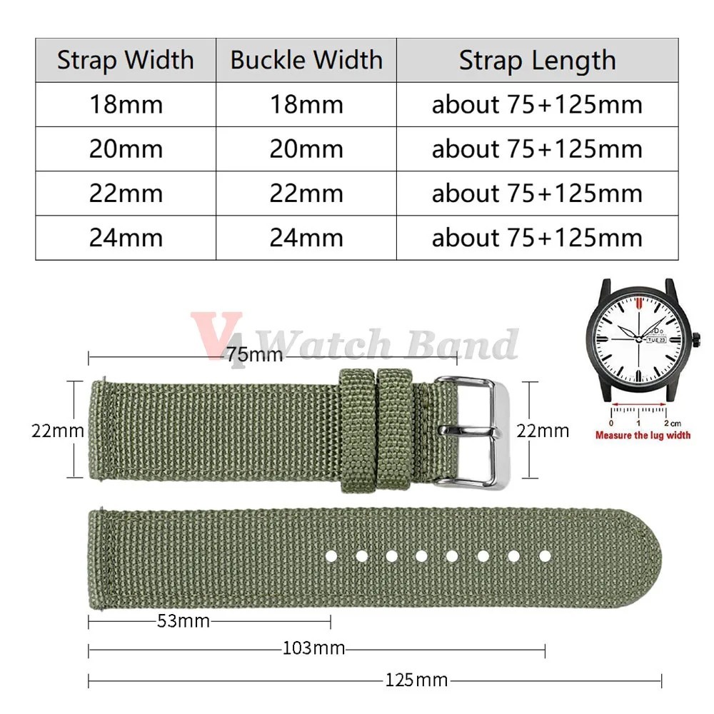 18mm 20mm 22mm 24mm Military Canvas Nylon Wrist Watch Band Strap Bracelet Sport