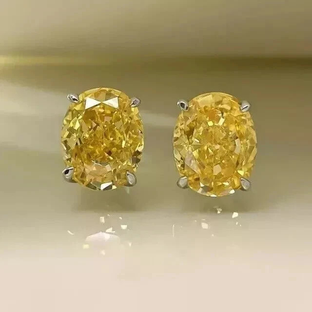 2Ct Oval Cut Lab Created Yellow Sapphire Stud Earring’s 14K White Gold Plated