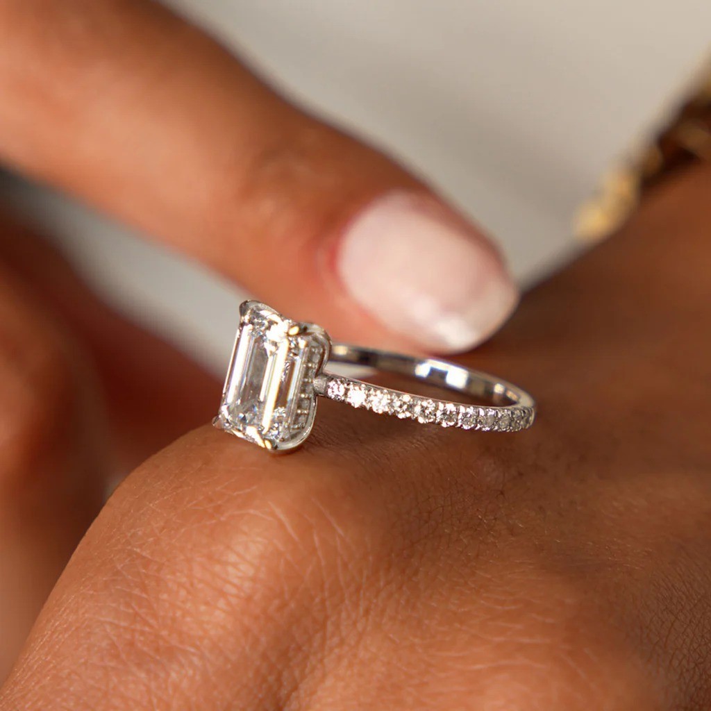 2 Ct Emerald Cut Lab Grown Diamond Hidden Halo Engagement Ring 14k White Gold
