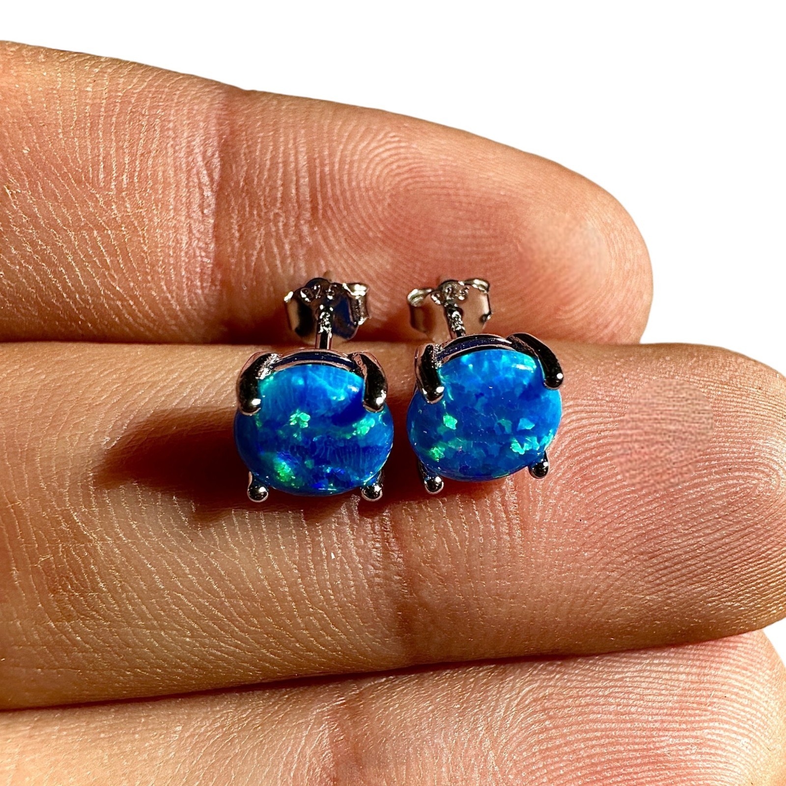 Blue Opal Stud Earrings 7mm 925 Sterling Silver Round Earrings for Women