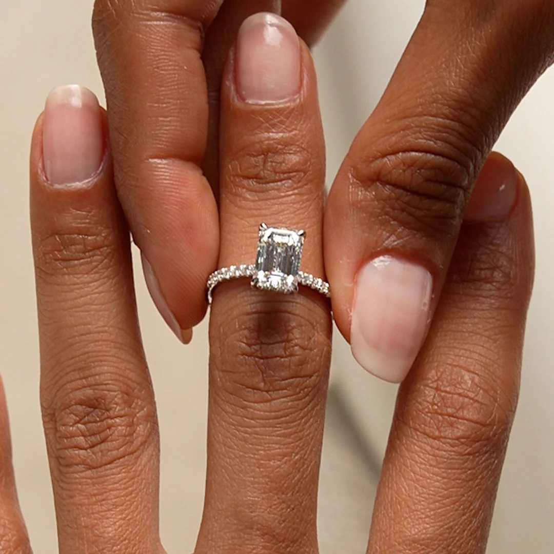 2 Ct Emerald Cut Lab Grown Diamond Hidden Halo Engagement Ring 14k White Gold