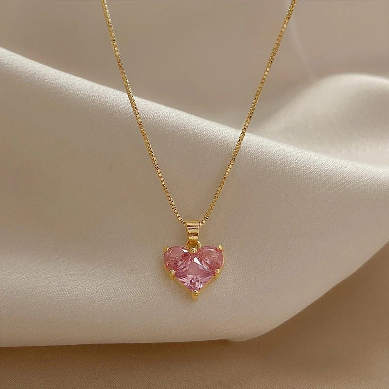 Women’s Fashion Jewelry Gold Pink Rhinestone Heart Pendant Necklace Gift Her USA